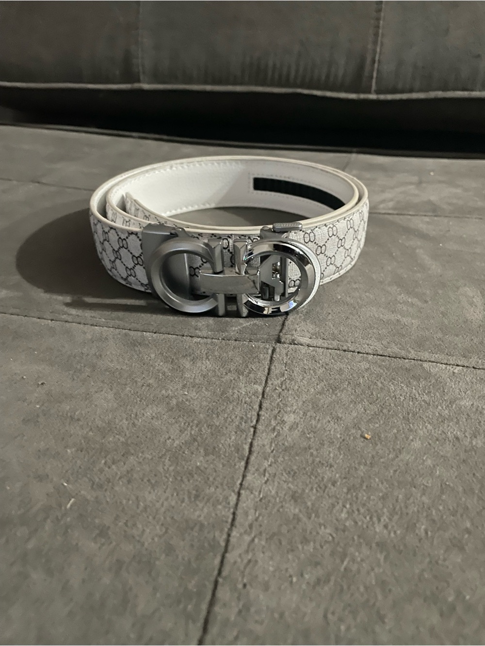 White Designer Monogram Belt with Silver Double-G Buckle